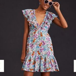 Roller Rabbit Silk Blomst Ondika Blue Ruffle Mini Dress Preppy Festival Luxury